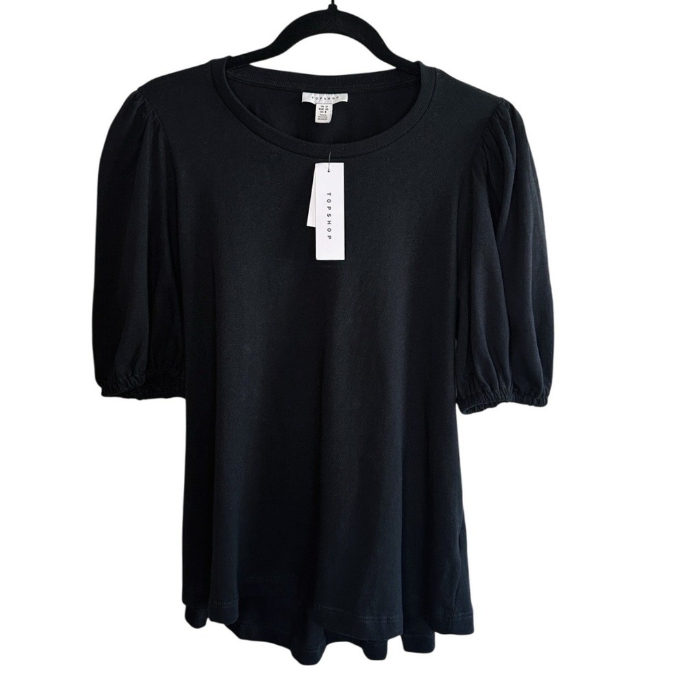 Topshop‎ Black Open Cutout Back Top Size 8 M Puff Short Sleeve Cotton Blouse NWT